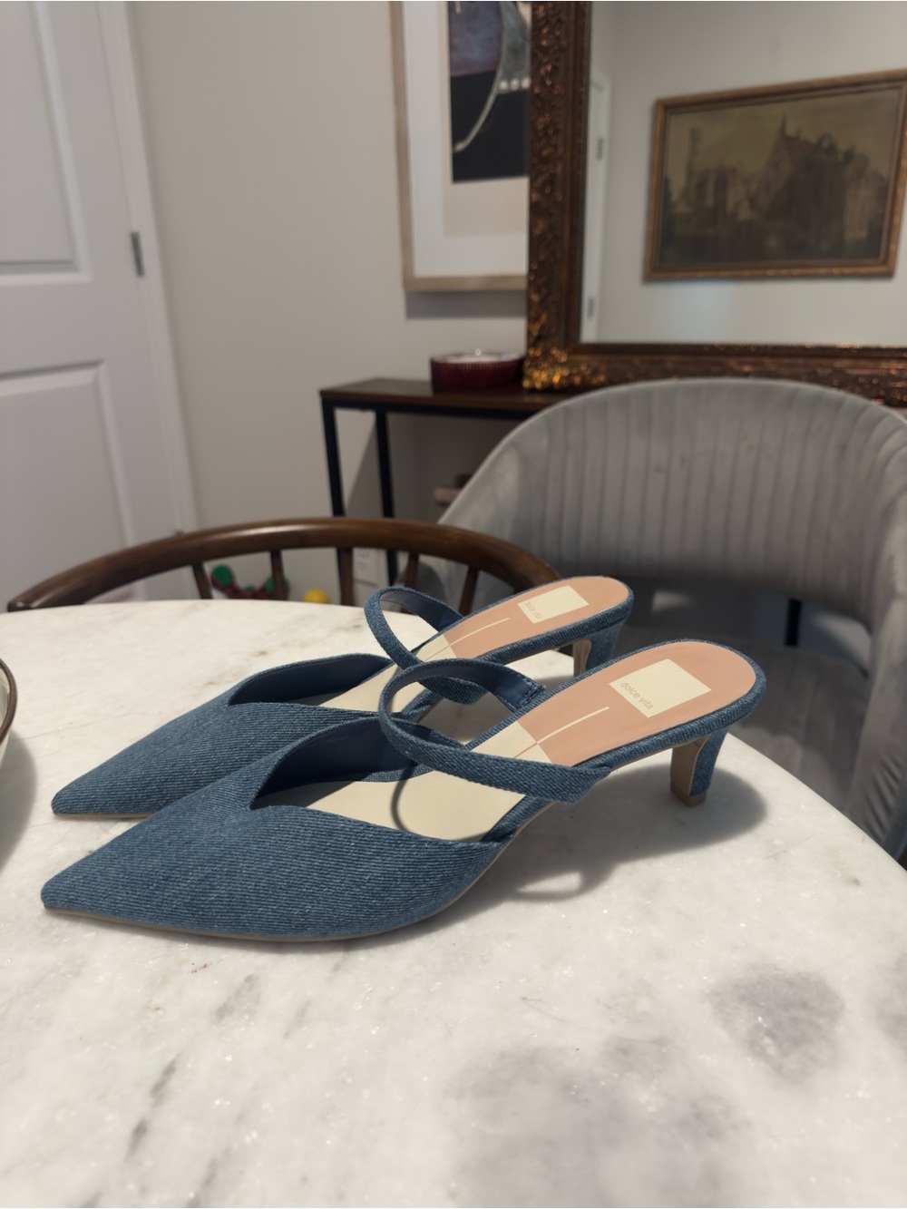 Pointed Toe Denim Slingback Mules in Blue